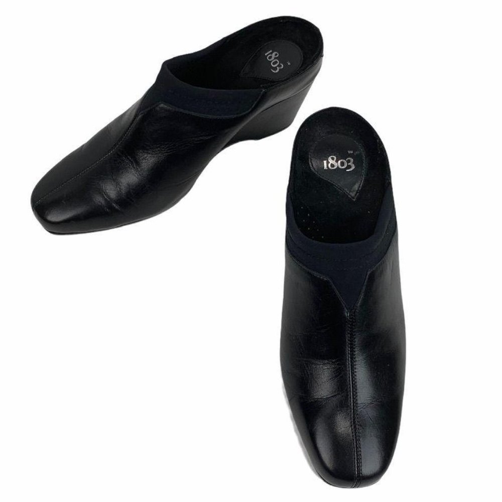 1803 Black Leather Clogs Mules Slip On Wedges 5.5